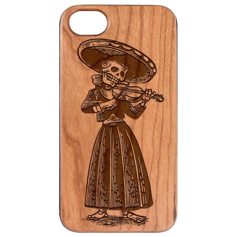 Playing Violin Skeleton Woman - Engraved Wood Phone Case