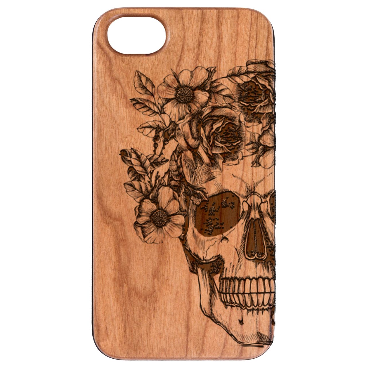 Skull with Flowers - Engraved Wood Phone Case